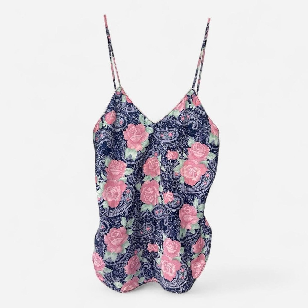 Vintage 80s Women's Floral Paisley Satin Slip Tank Top S Romantic Retro Glam